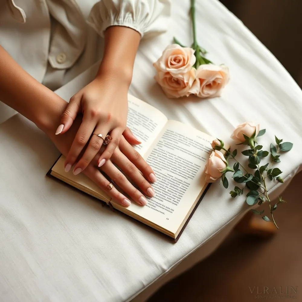 Two women clasping hands over an open journal beside blush roses