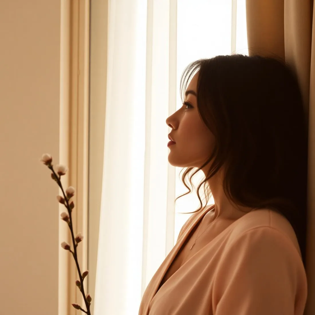 A woman in profile at a tall window bathed in ivory light