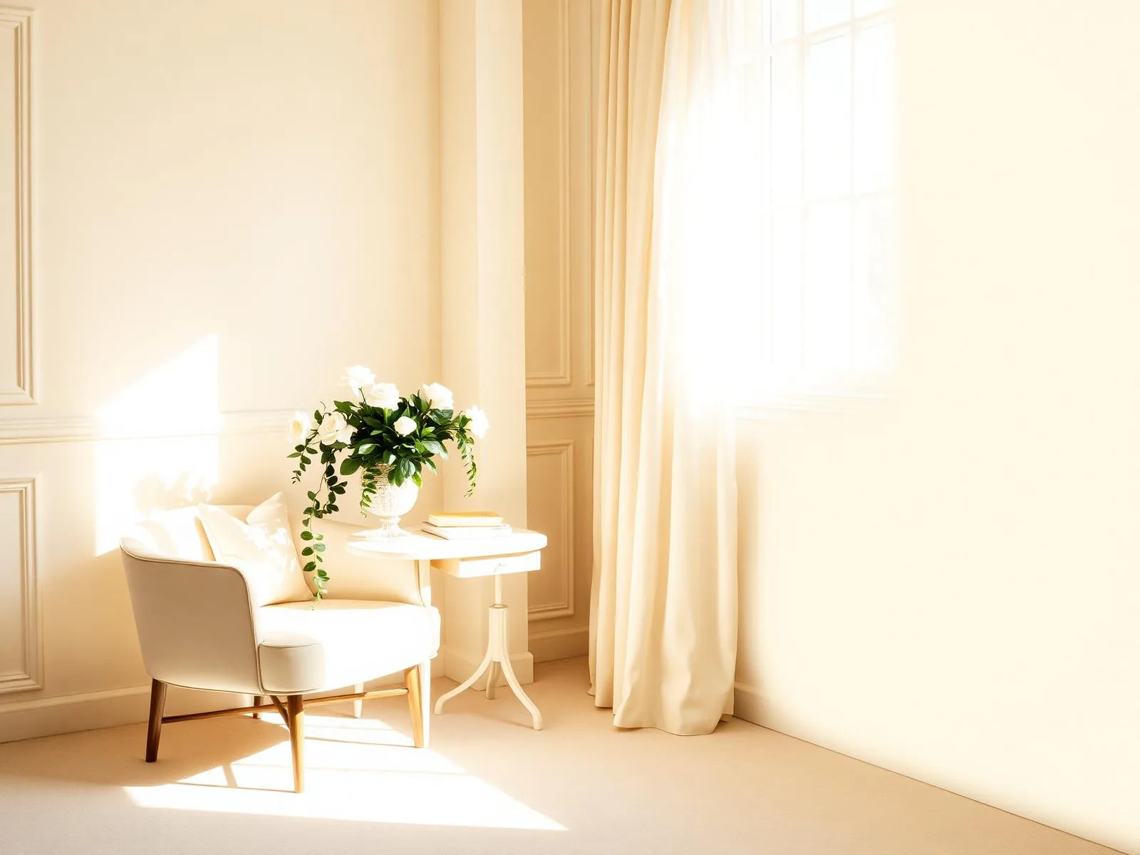 A serene interior corner with a cream armchair and soft daylight