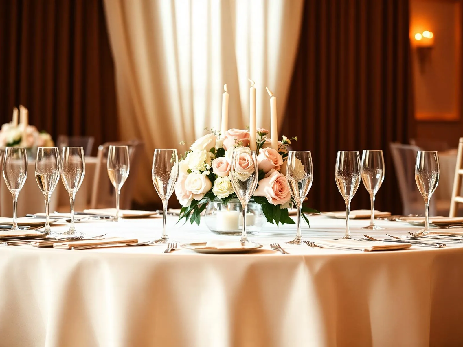 An elegant event table set with crystal glassware and white florals