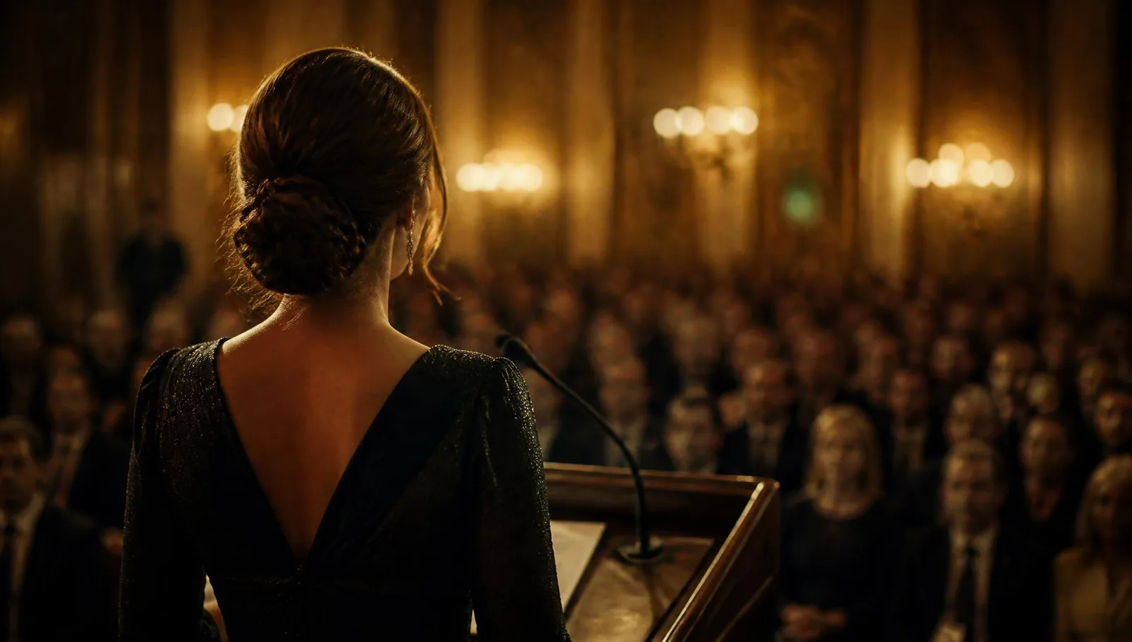 A woman seen from behind speaking to a softly blurred audience in a warmly lit ballroom