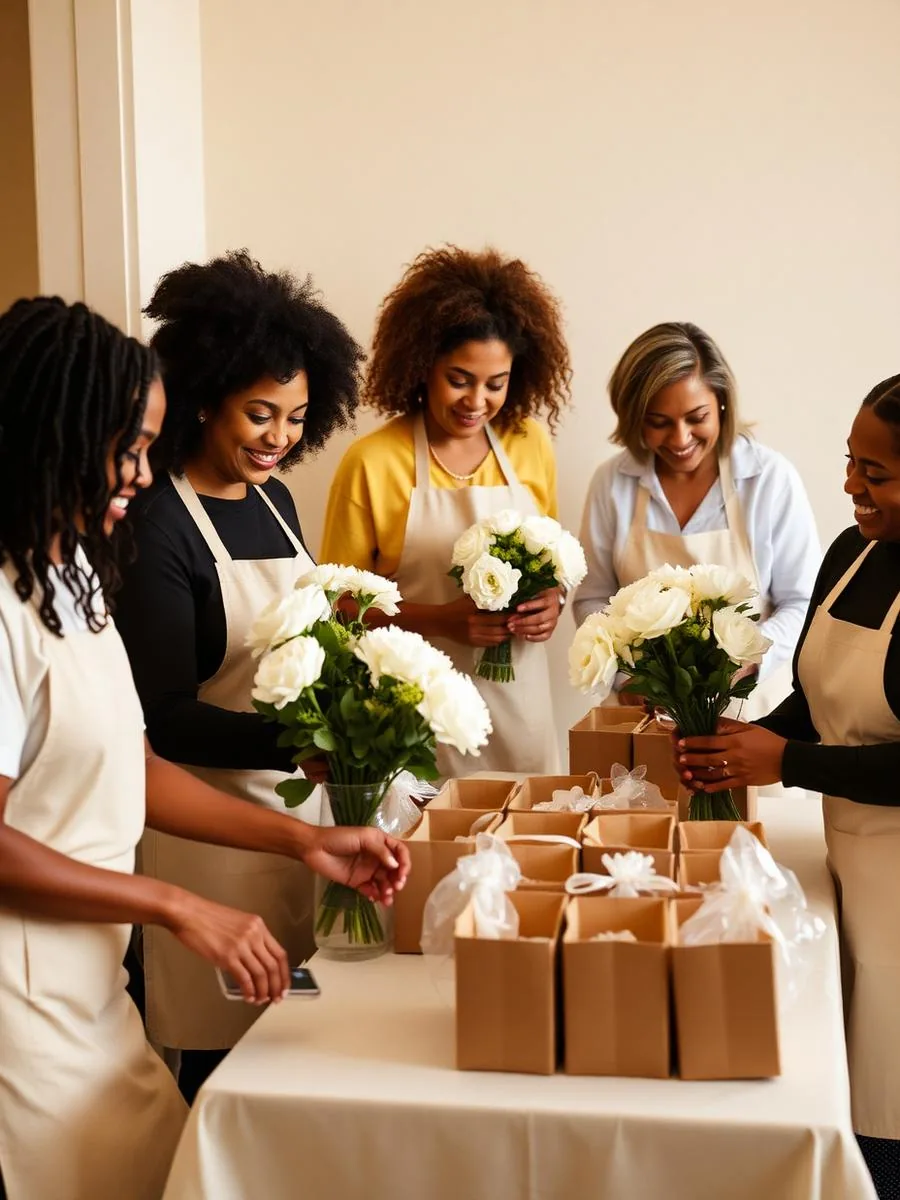A woman warmly helping another at a community table