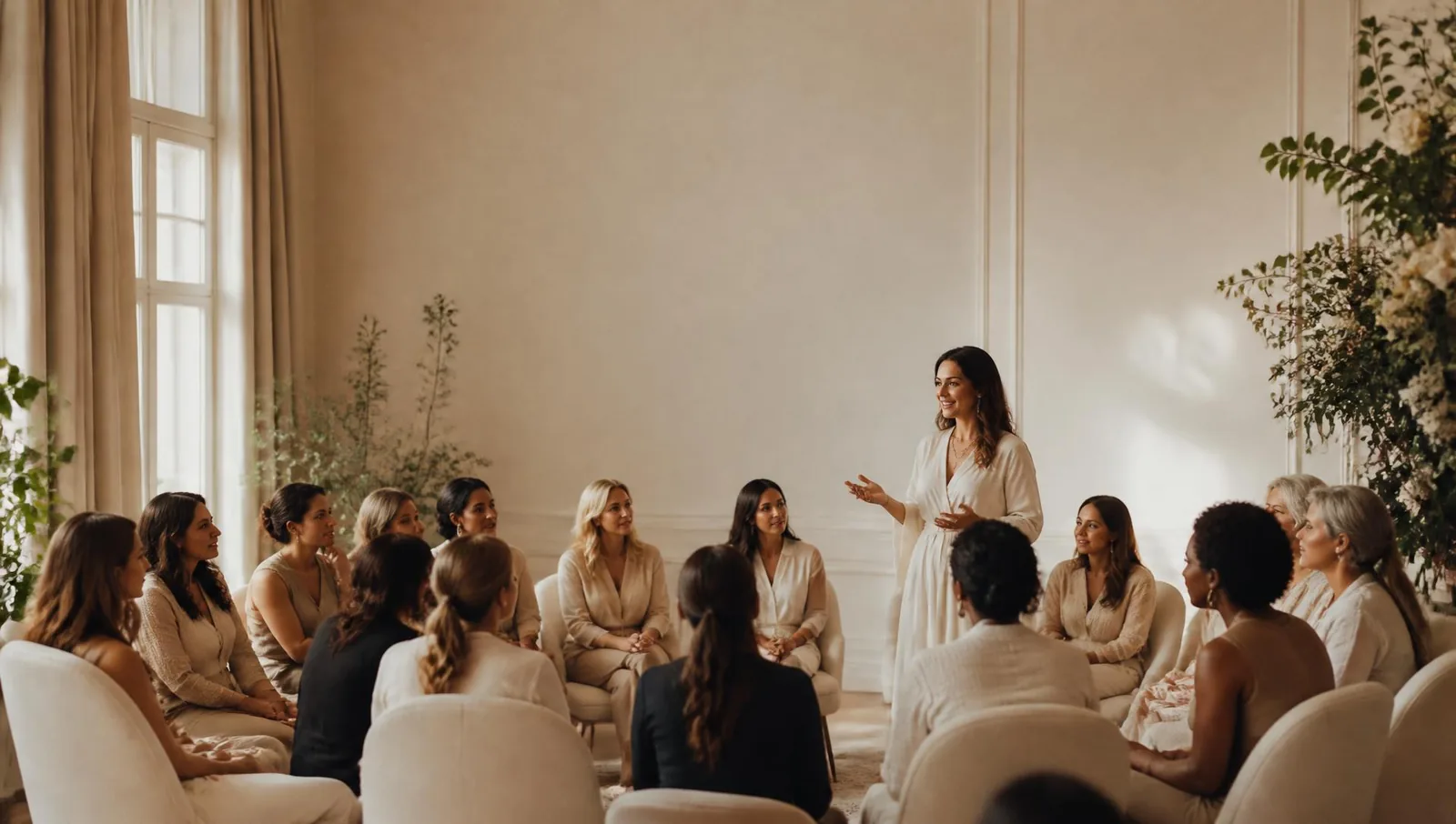 A diverse circle of women in conversation in a light filled workshop
