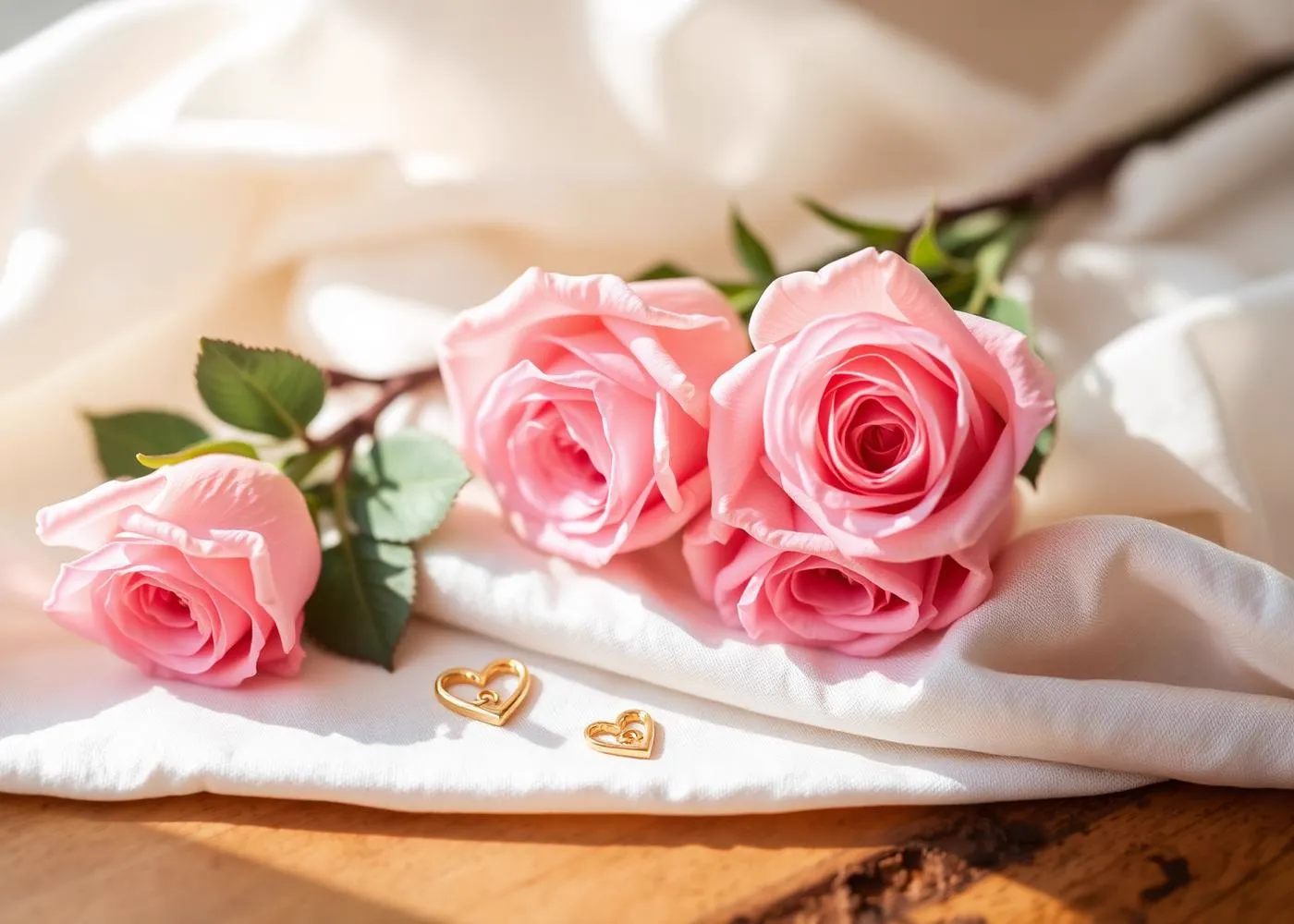 Soft roses and a gold heart on ivory linen