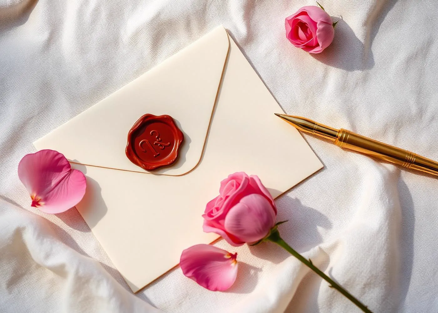 An ivory envelope tied with a rose ribbon