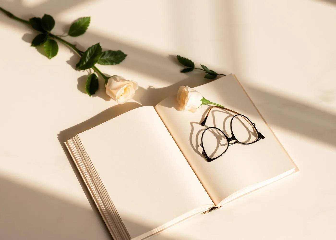 An open book and a white rose on a linen surface