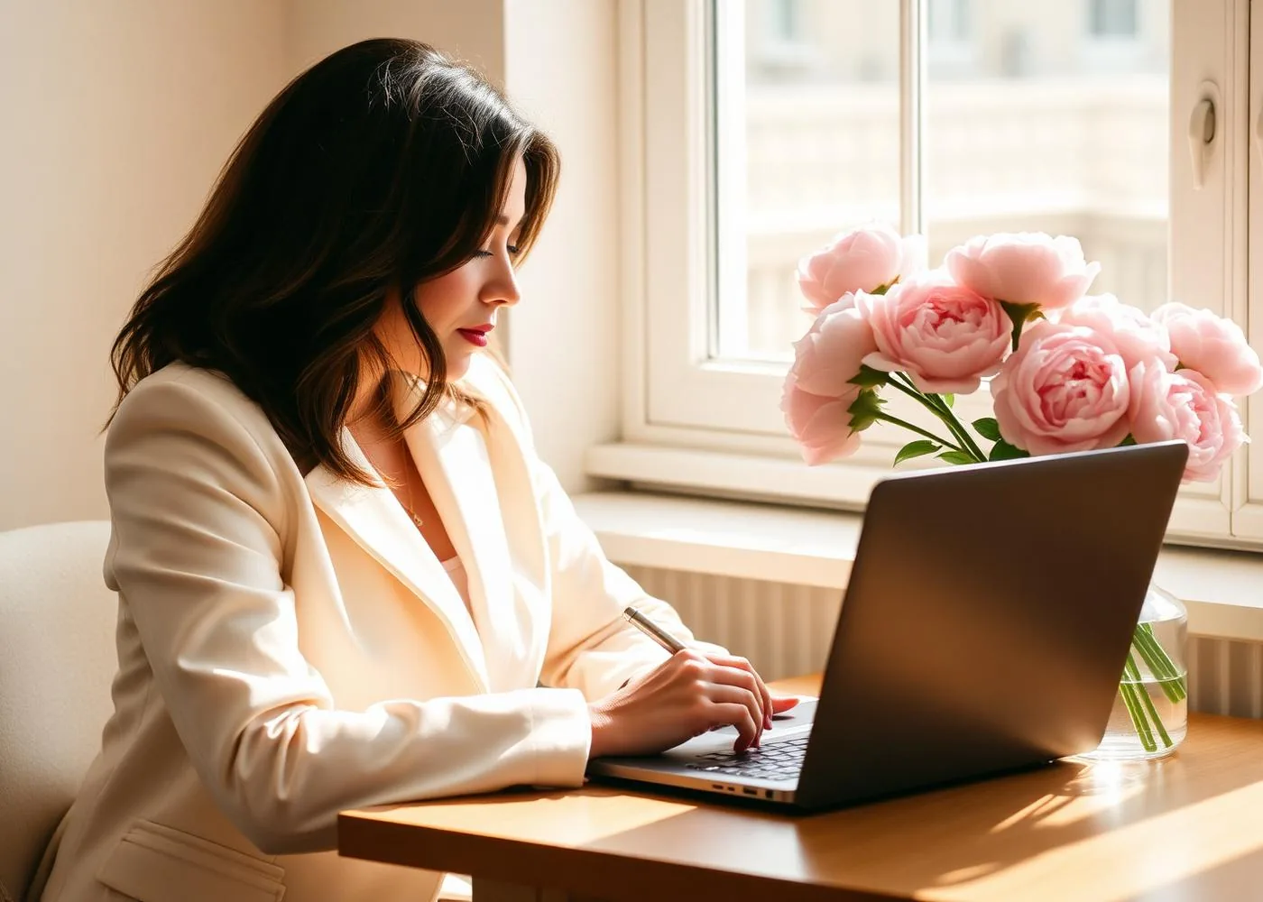 A woman writing in a journal at a sunlit desk