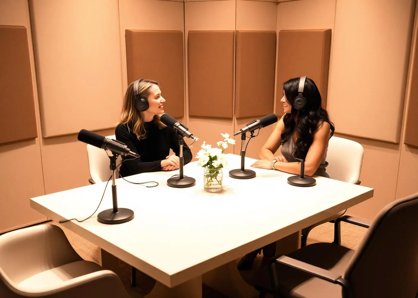 Two women in conversation at luxury microphones