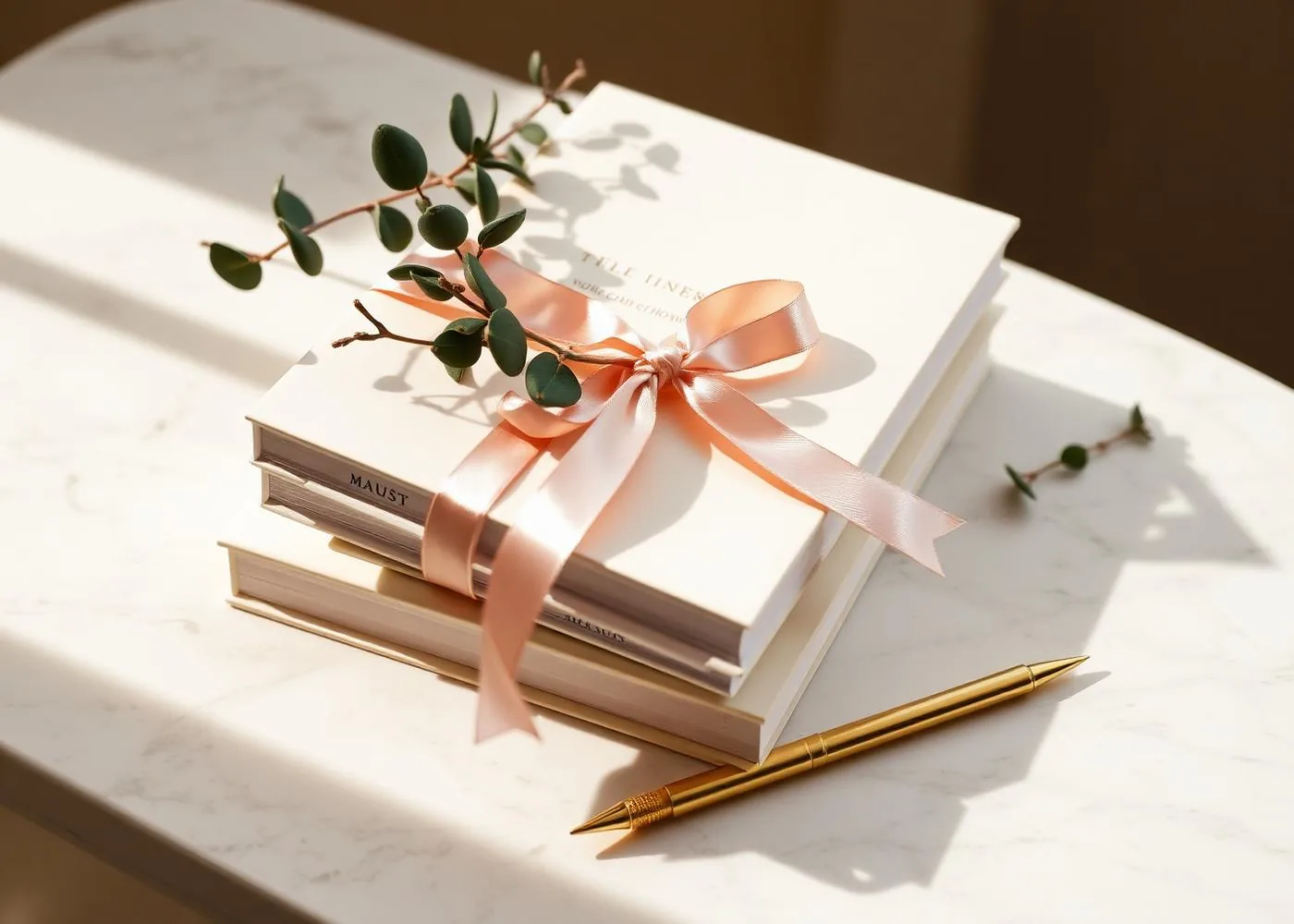 A stack of cream workbooks tied with ribbon