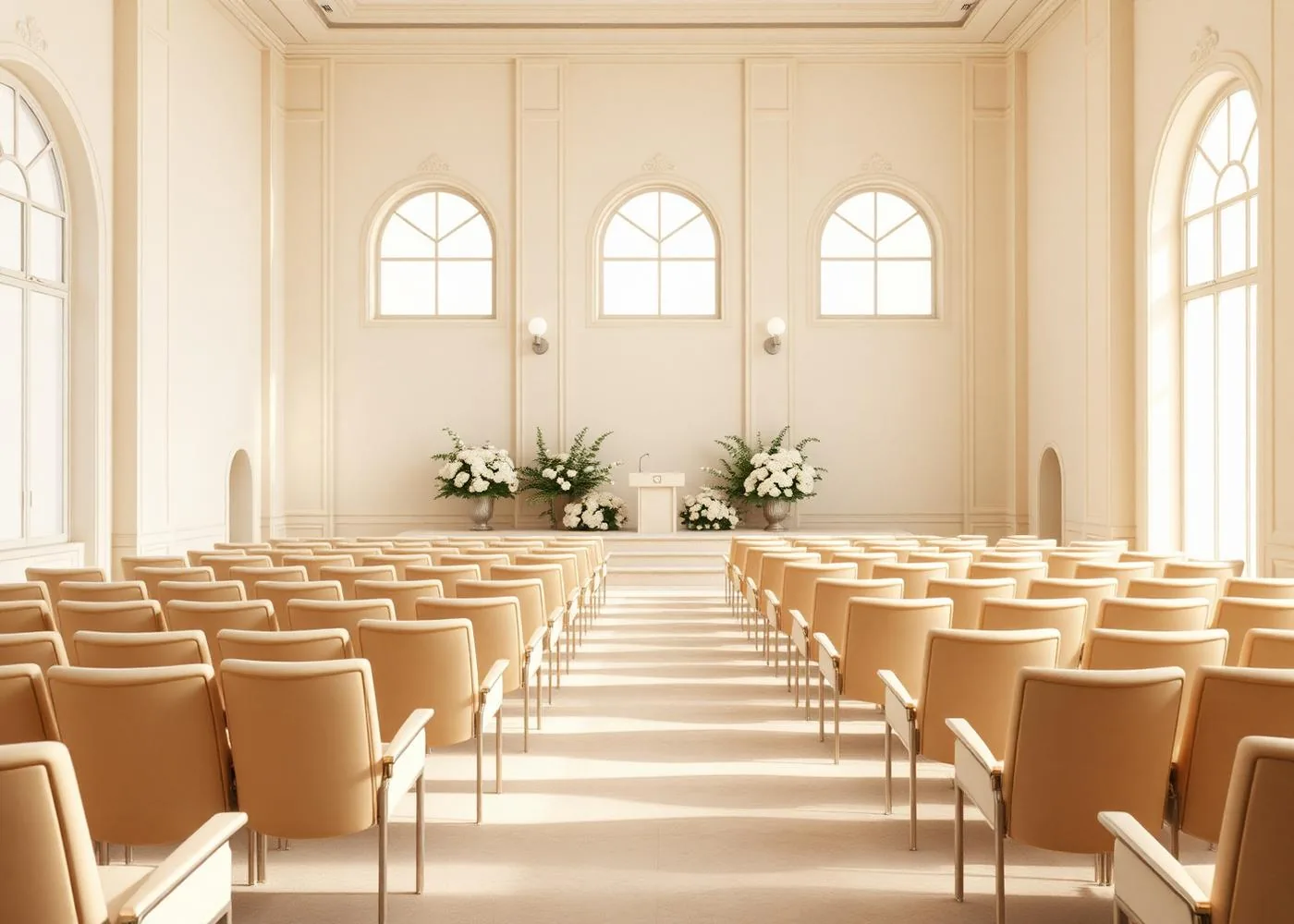 A minimalist lecture room with cream chairs and white florals