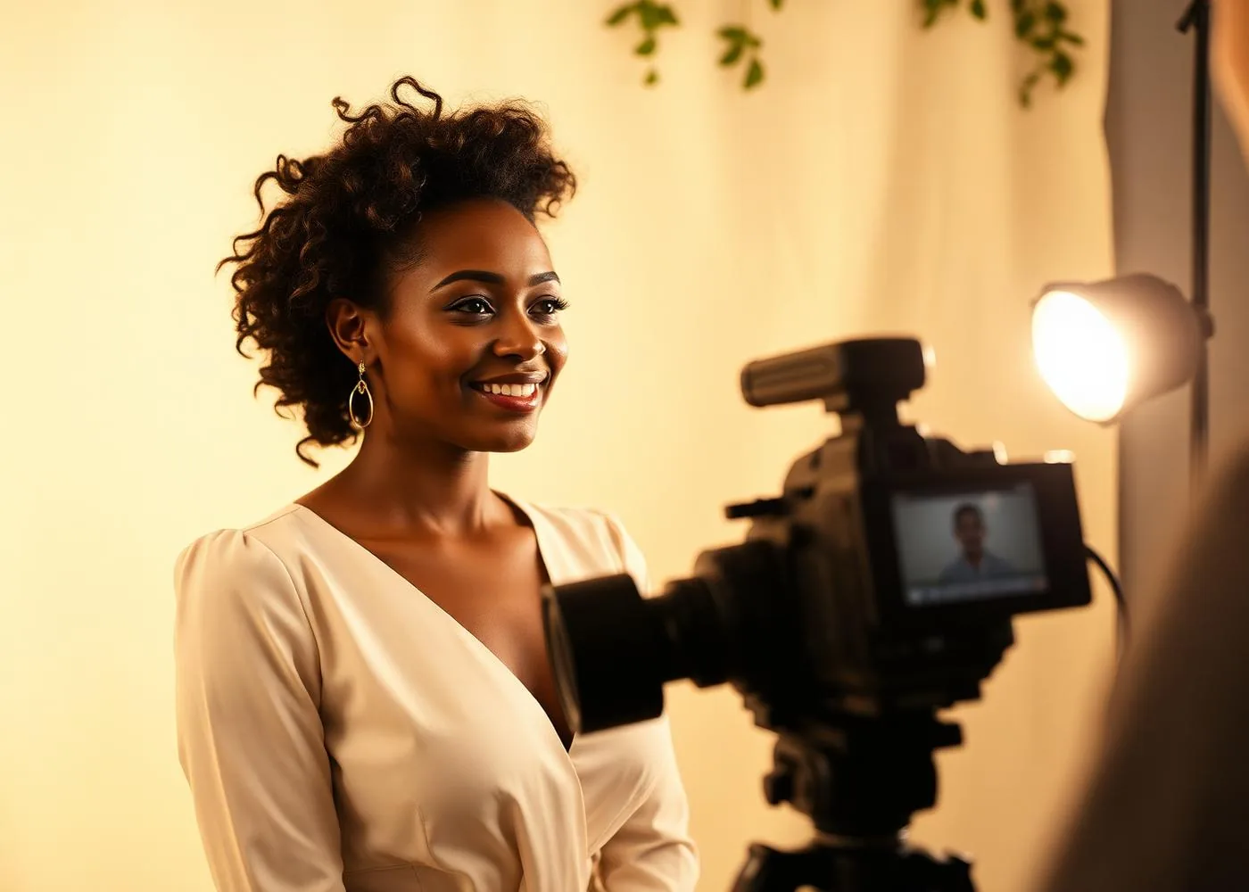 A woman being filmed for an interview under soft studio light