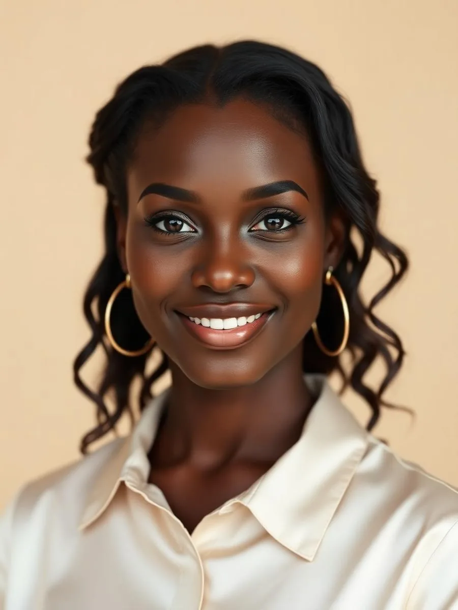 Portrait of a woman in a cream silk blouse smiling softly