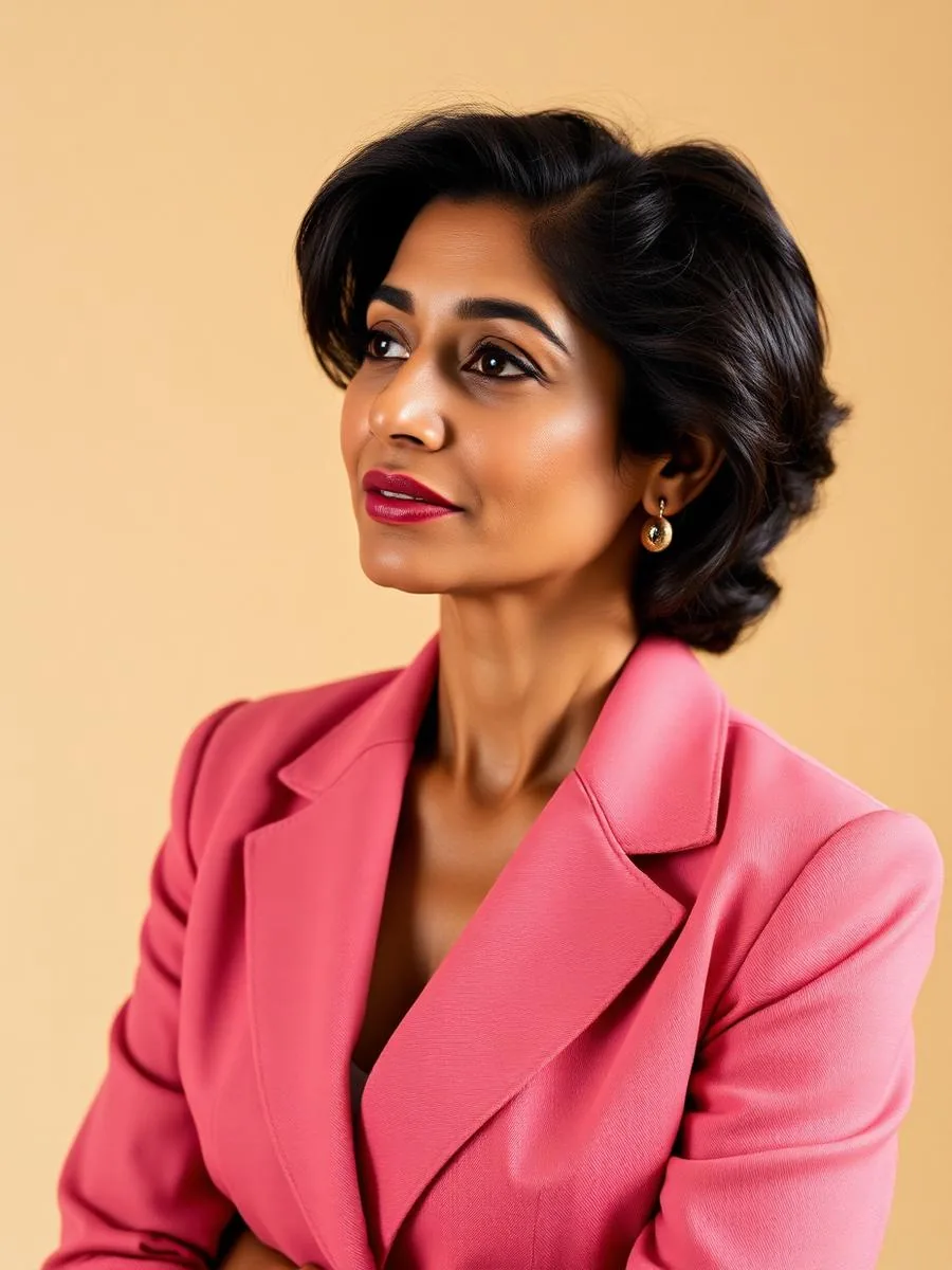 Portrait of a woman in a blush blazer looking thoughtfully away from the camera