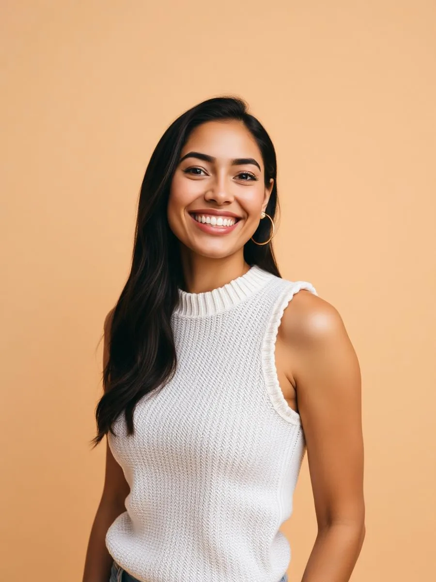 Portrait of a young woman in an ivory knit top smiling brightly